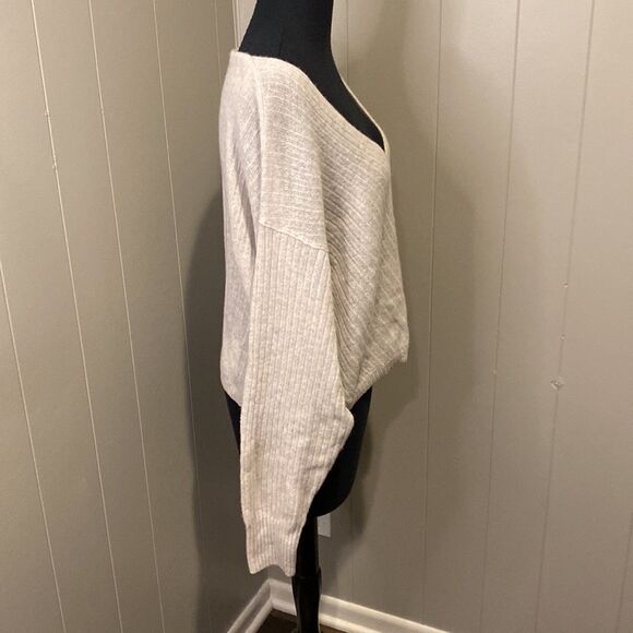 Free People Small Knit Heather Grey Oversized Sweater Wide V Neck - Picture 3 of 6